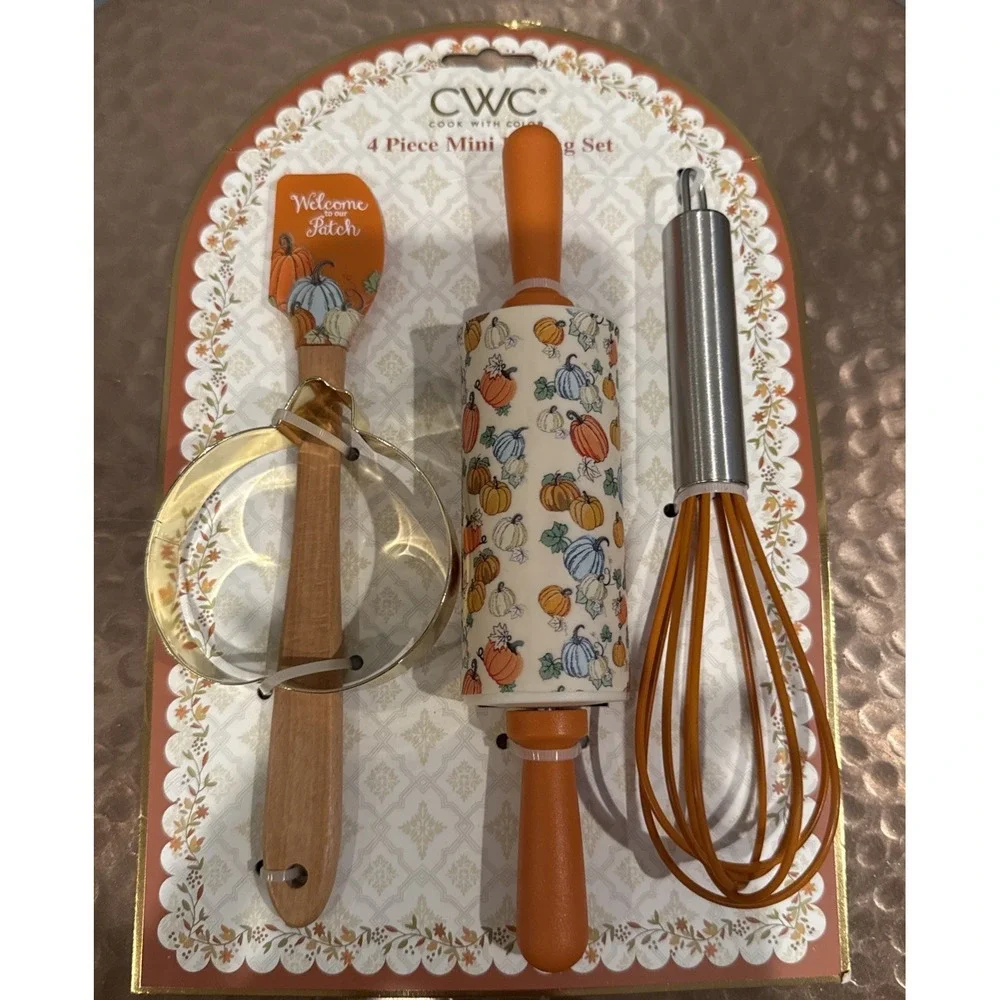 CWC 4 Piece Mini Baking Set Pumpkin Thanksgiving Spatula Whisk Rolling Pin NEW
